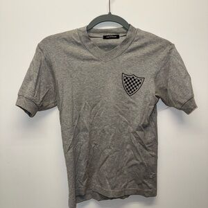Comme des Garcons Grey V‑Neck Tee with Checker Shield